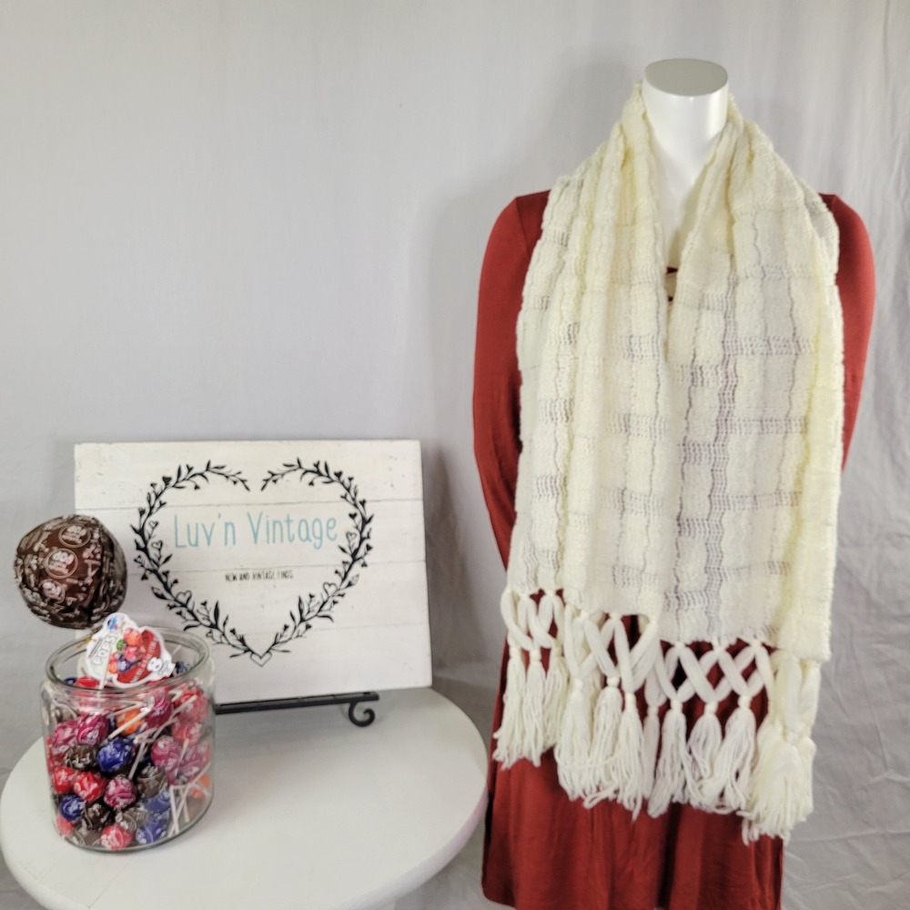 Cream White Textured Knit Scarf with Braided Tassel Fringe Bohemian Wrap